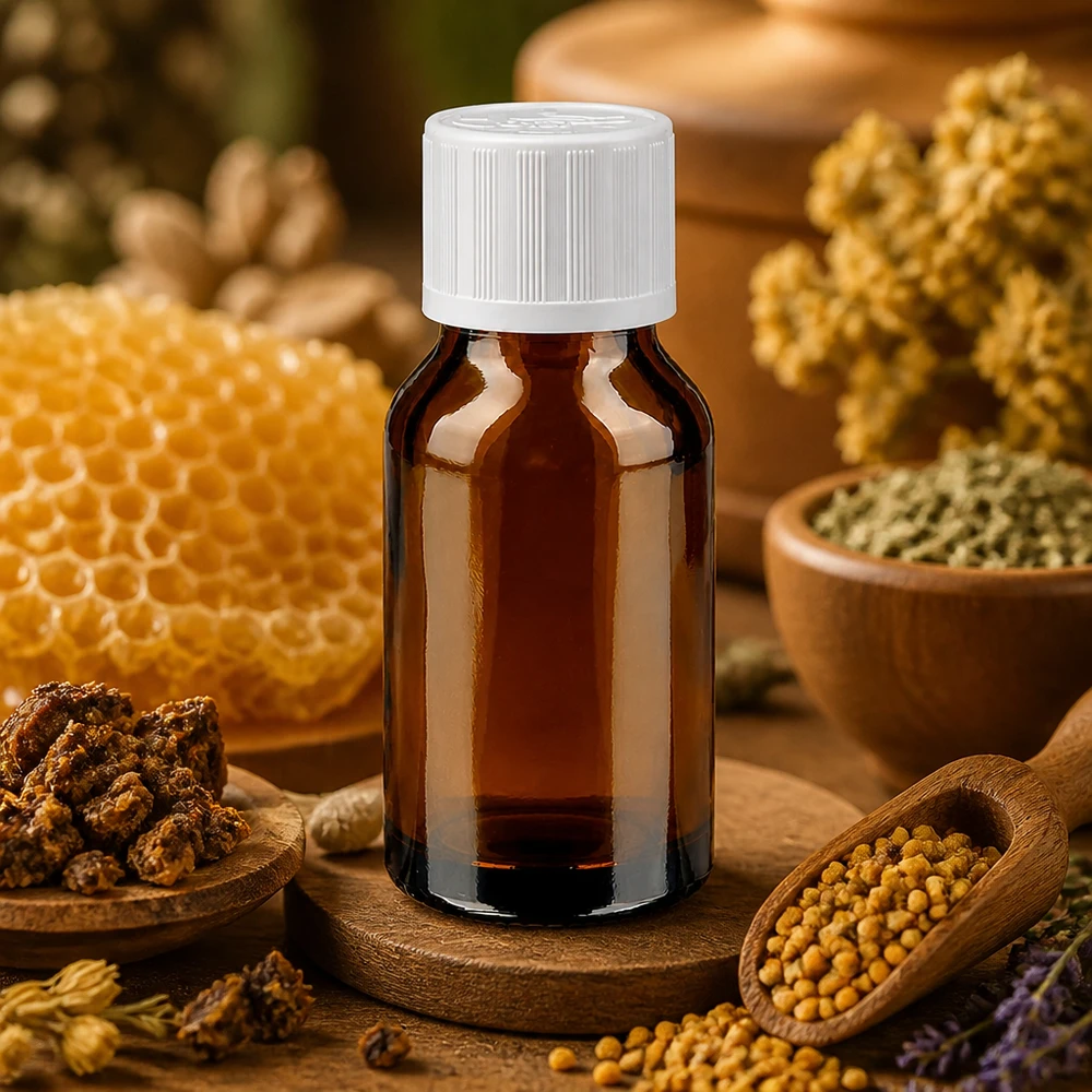 Bottiglia da farmacia marrone da 30ml. SV STD KiSi bianco/11mm ApoGlas Flacone da farmacia marrone da 30 ml con tappo di sicurezza a prova di bambino, circondato da un motivo a nido d'ape e da erbe medicinali