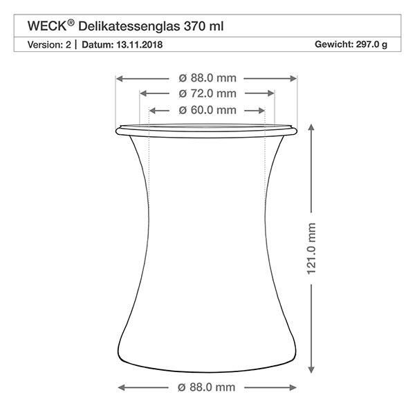 Barattolo da 370 ml della linea WECK RR80 WECK Delikatessengl 370ml RR80 disegno tecnico Dimensioni Diametro Altezza Specifiche del prodotto