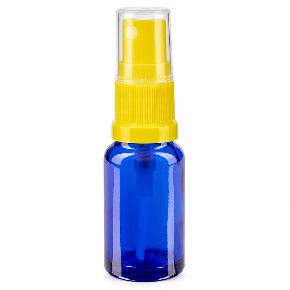 Flacone da farmacia blu da 30ml STD giallo/trasparente apoGlas Flacone in vetro blu da 30 ml con erogatore a spruzzo giallo e tappo protettivo trasparente per farmacie