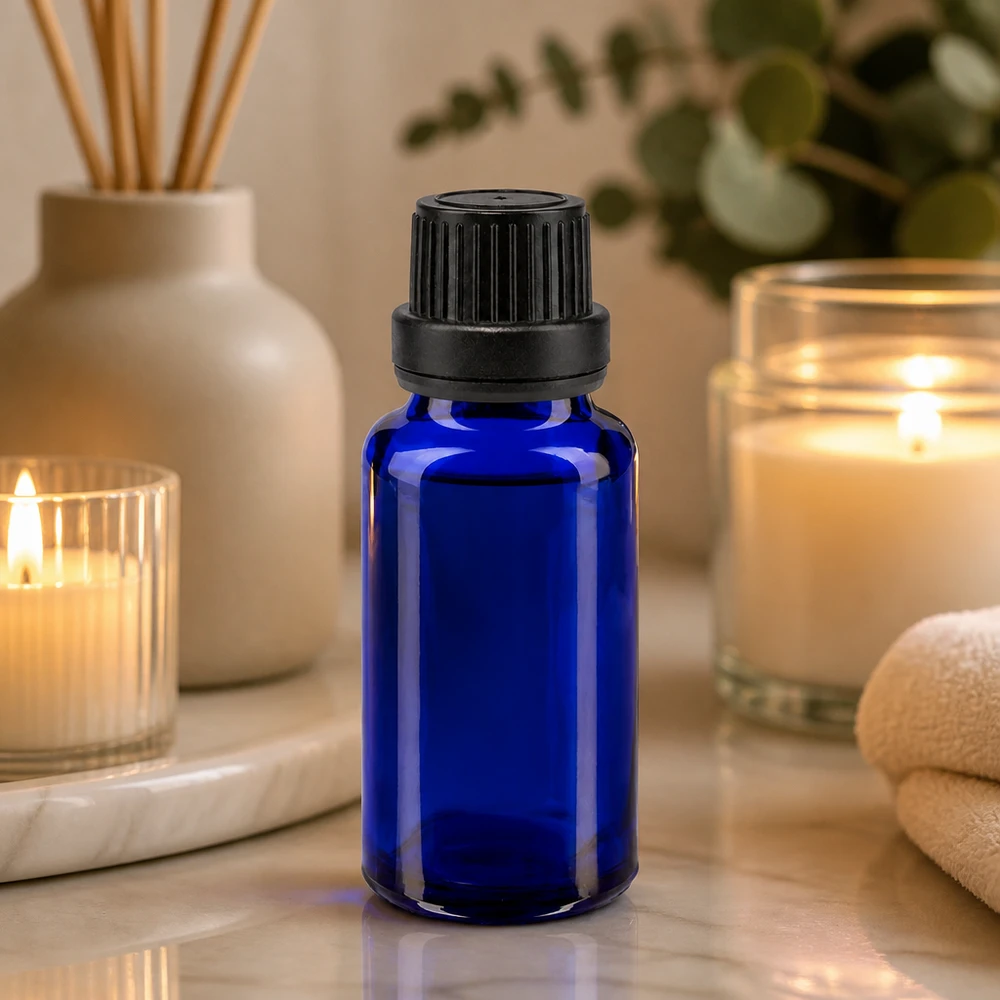 Bottiglia da farmacia blu da 20ml. SV OV nero/11mm ApoGlas Flacone da farmacia da 20 ml, blu con tappo contagocce nero, per oli essenziali e aromaterapia