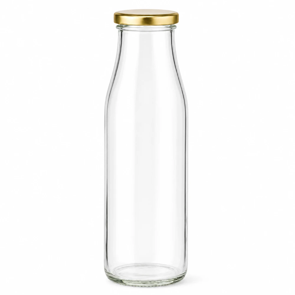 Bottiglia di vetro da 500 ml + coperchio BasicSeal oro UN.. Bottiglia in vetro da 500 ml con coperchio BasicSeal oro, vuota e trasparente, per bevande, latte, succo, certificata UN