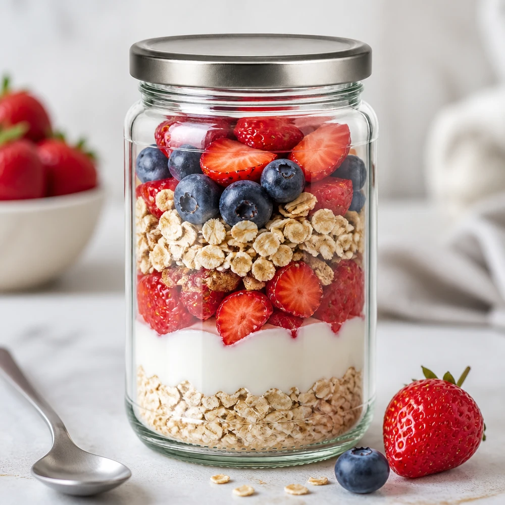 Barattolo rotondo da 305 ml con coperchio BasicSeal argento UNiTWIST. 305ml Rundglas als Overnight Oats Schichtdessert mit Beeren und Granola - BasicSeal Deckel silber für Meal Prep