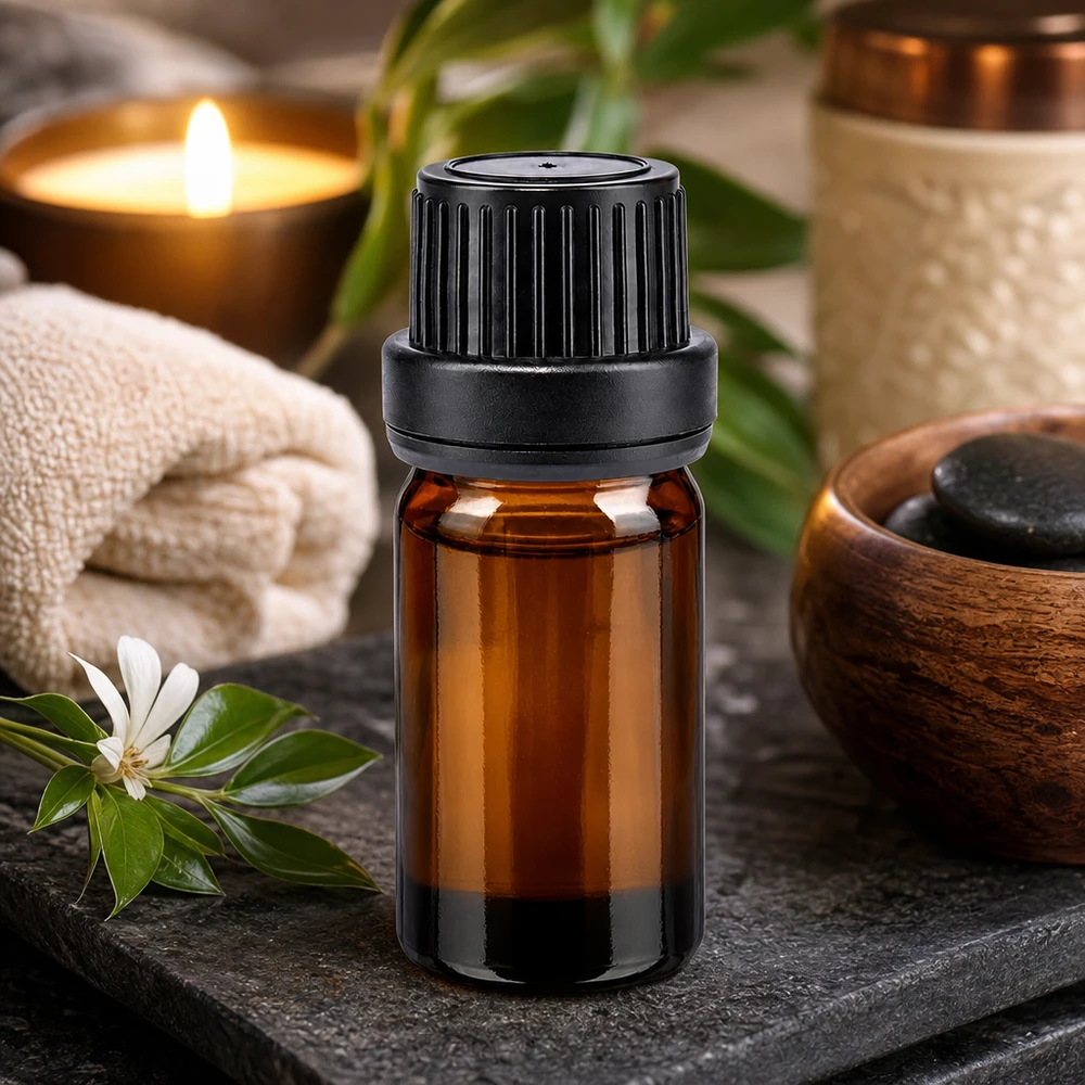 Flacone in vetro ambrato da 5 ml con tappo nero da 11 mm, tra pietre da massaggio e candele aromatiche