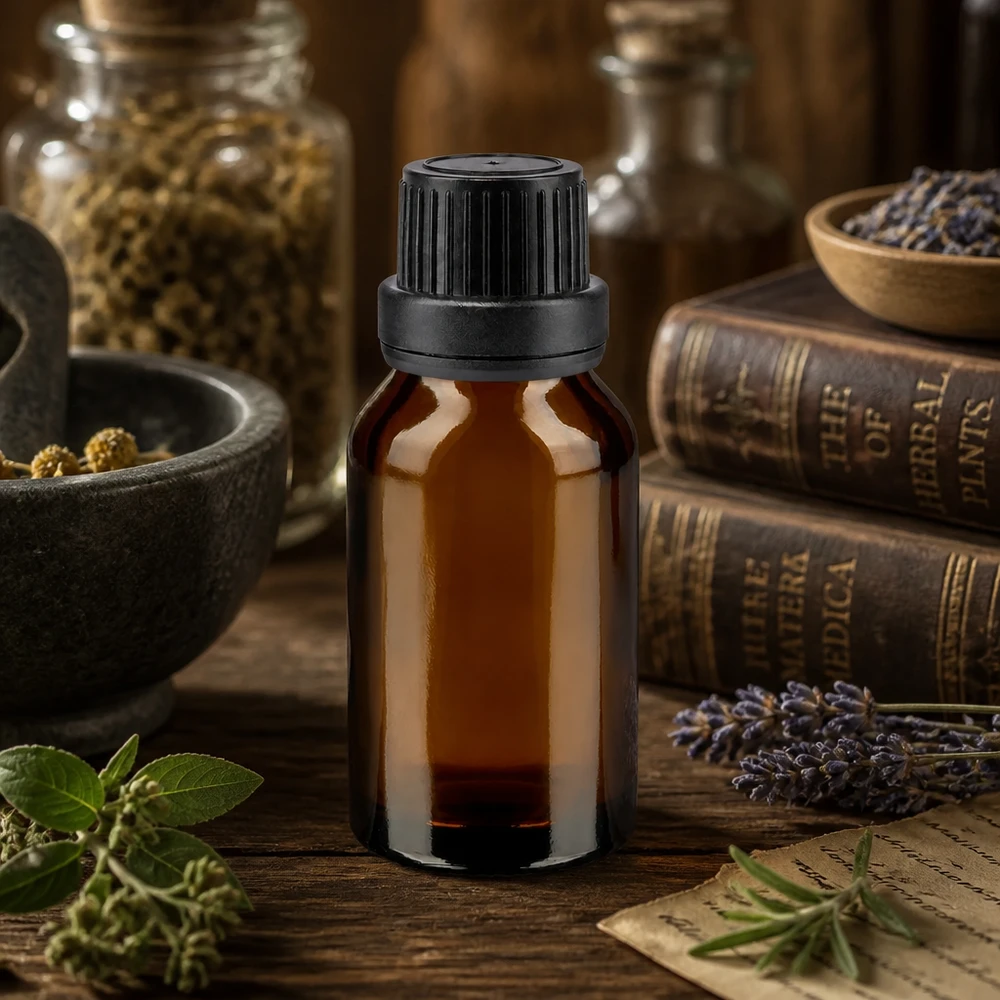 Flacone di vetro marrone da 30 ml con tappo a vite nero, tra erbe medicinali e antichi libri di erboristeria