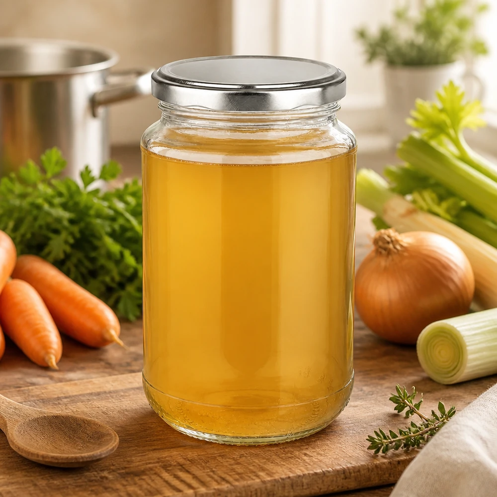Brodo di pollo dal colore giallo dorato, conservato in un barattolo di vetro rotondo da 320 ml con coperchio BasicSeal argentato, in un contenitore ermetico