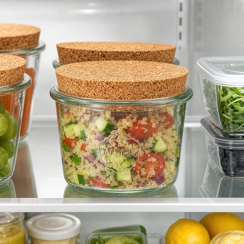 Bicchieri da 80ml WECK RR60 con tappo in sughero naturale WECK 80ml RR60 mason jar con tappo in frigo per conservare insalata di quinoa e alimenti freschi