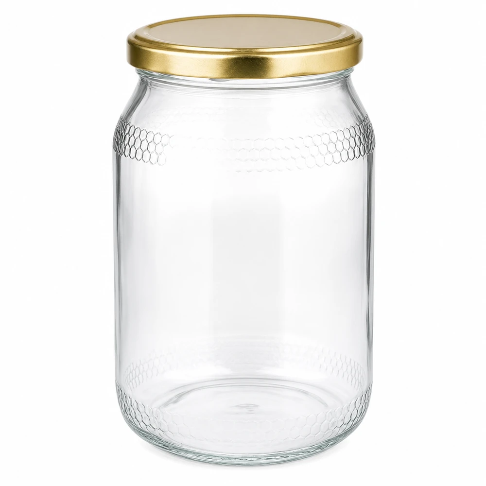 Vasetto per miele da 1260 g con capsula dorata BasicSeal UNiTWIST Vasetto per miele da 900 ml con coperchio BasicSeal UNiTWIST dorato - vasetto di vetro vuoto per miele con rilievo a nido d'ape