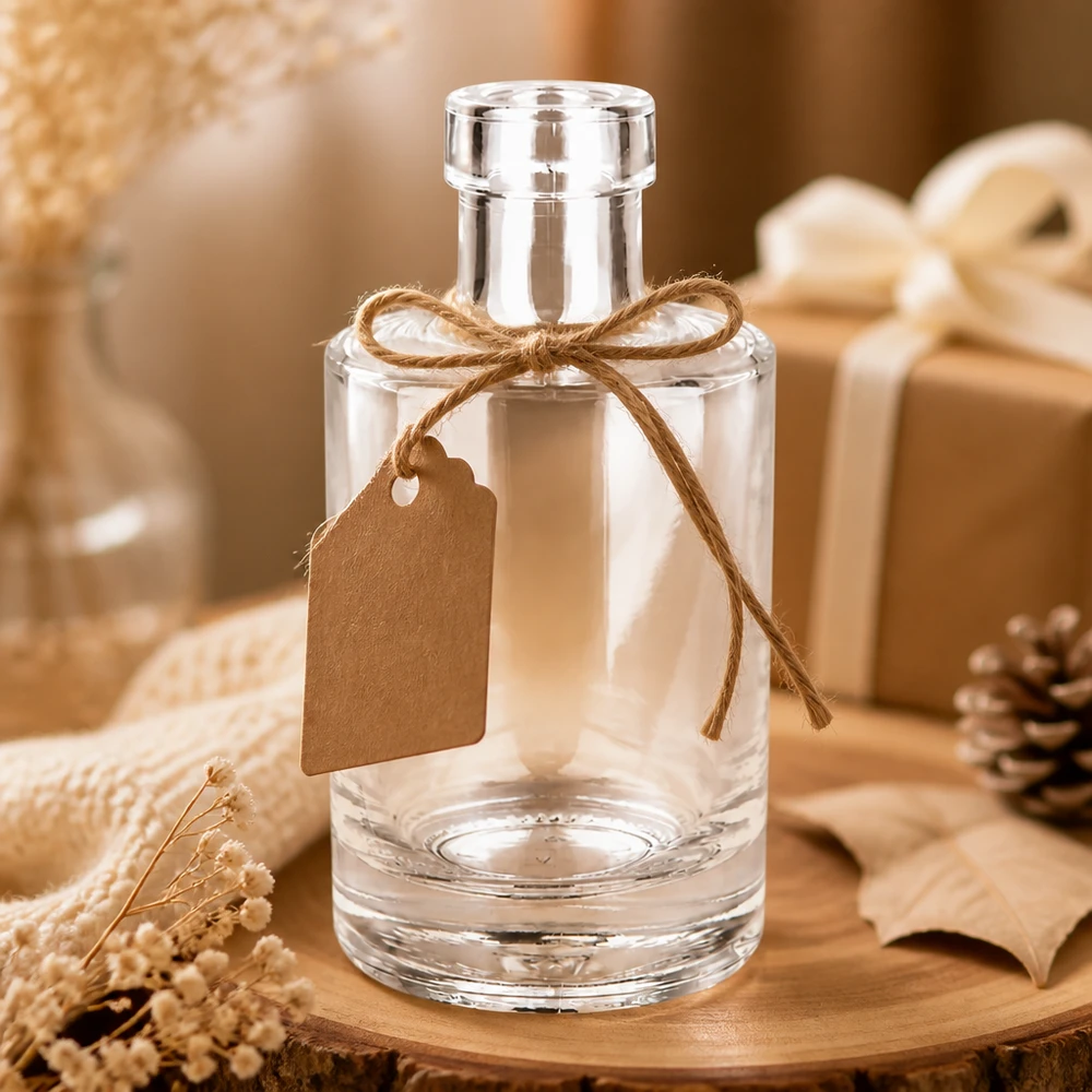 Bottiglia in vetro da 200 ml Marie senza tappo UNiTWIST® Glasflasche Marie 200ml leer dekorativ mit Geschenkanhänger rustikale Herbstdeko mit Tannenzapfen und warmer Atmosphäre