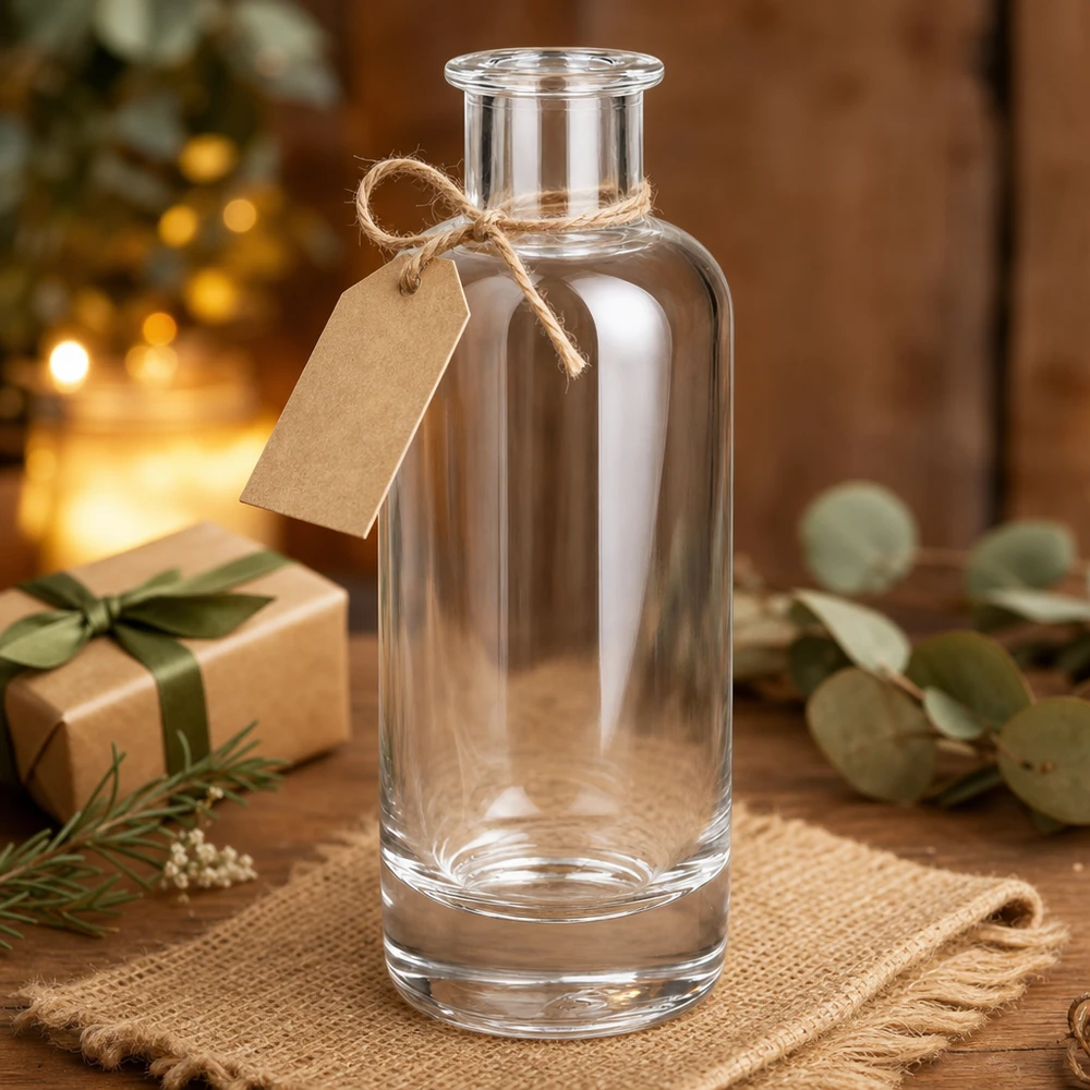 Bottiglia in vetro da 200 ml Ella senza tappo UNiTWIST® Bottiglia in vetro da 200 ml Ella vuota con etichetta regalo e nastro di iuta come regalo di Natale decorato su legno