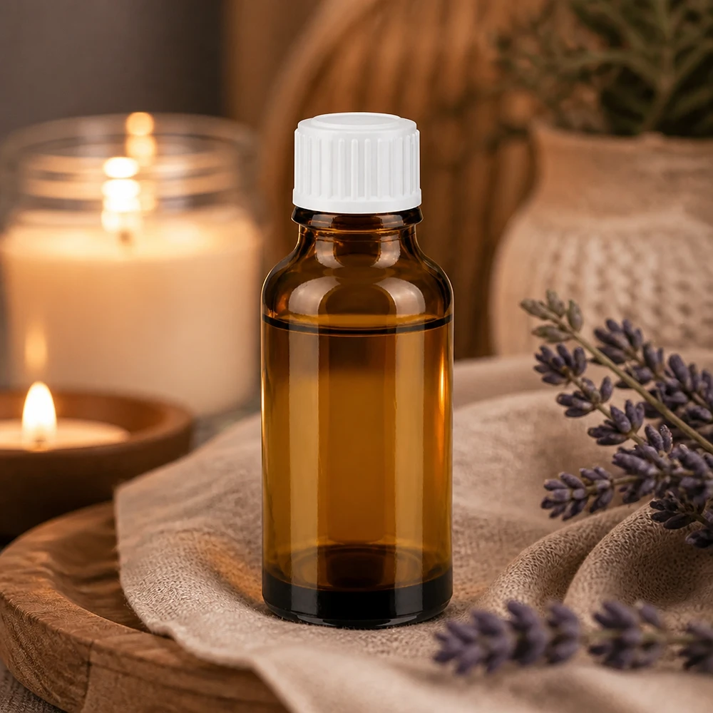 Flacone contagocce marrone da 20 ml STD bianco/0,9 mm ApoGlas Flacone di vetro da 20 ml color ambra con tappo contagocce bianco, su vassoio di legno con lavanda