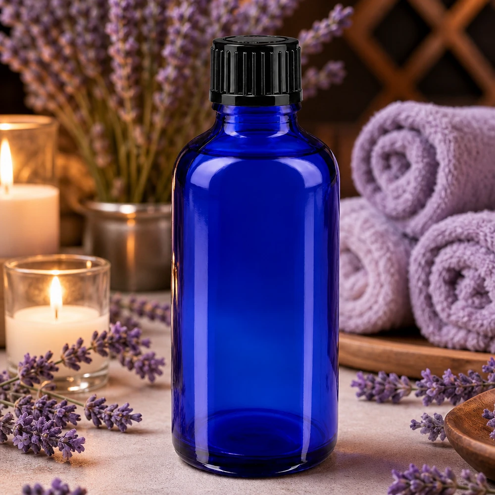 Bottiglia da farmacia blu da 50ml. SV STD nero/11mm ApoGlas Bottiglia di vetro blu da 50 ml con tappo nero, tra fiori di lavanda e candele