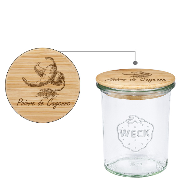 Cassetta in bois "Poivre de Cayenne" con verre WECK à pied Cassetta in bois "Poivre de Cayenne" con verre WECK à pied