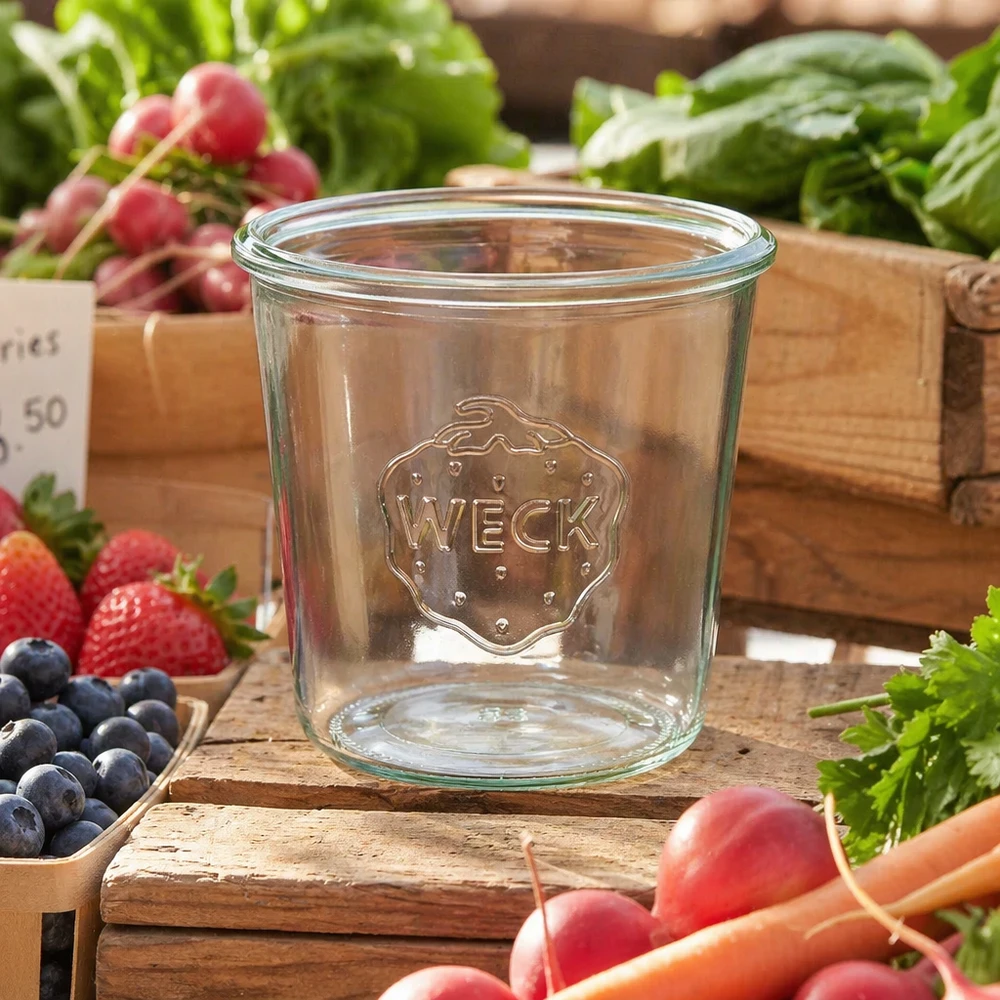 Vaso per conserve WECK RR100 da 580 ml su tavola di legno con frutta e verdura fresca del mercato