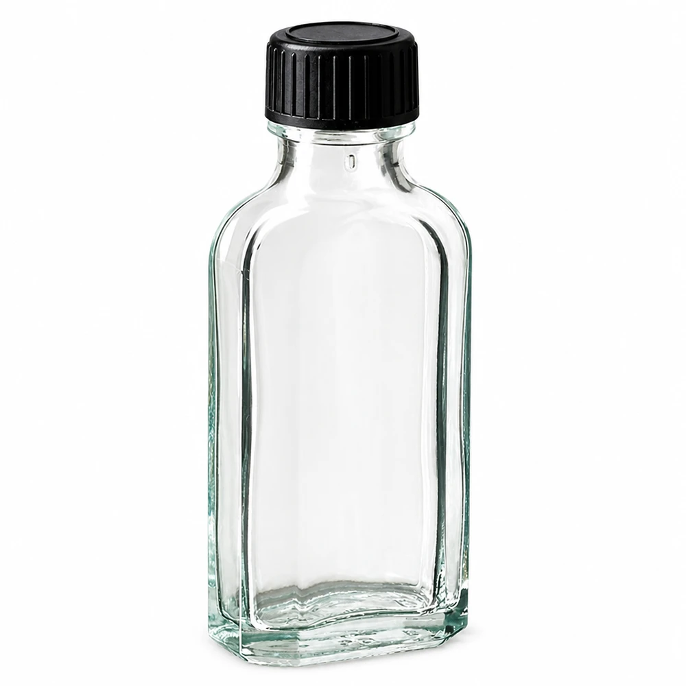 Tappo a vite trasparente Meplat da 50 ml con disco di tenuta LKD Flacone in vetro Meplat da 50 ml trasparente con tappo a vite nero e guarnizione LKD