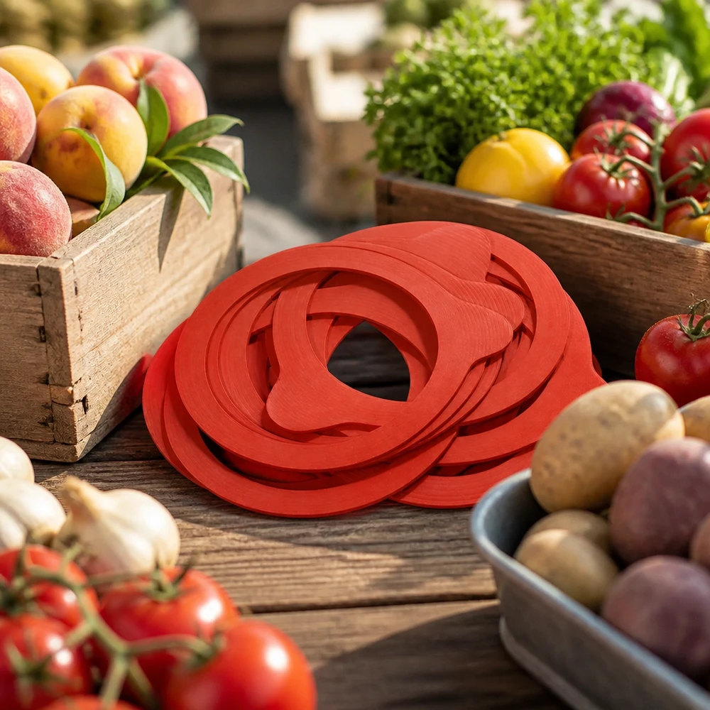 Anello di tenuta in gomma naturale RR80 Einkochring RR80 Naturgummi rot auf rustikalem Holztisch mit frischem Obst Gemüse Marktstand Atmosphäre Einkochen