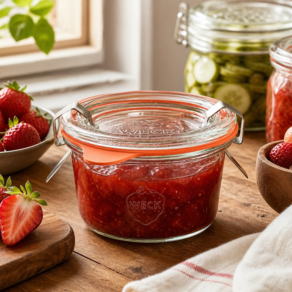 Bicchieri WECK 50ml RR60 in cucina riempiti di marmellata di fragole fatta in casa accanto a fragole fresche su tavola di legno