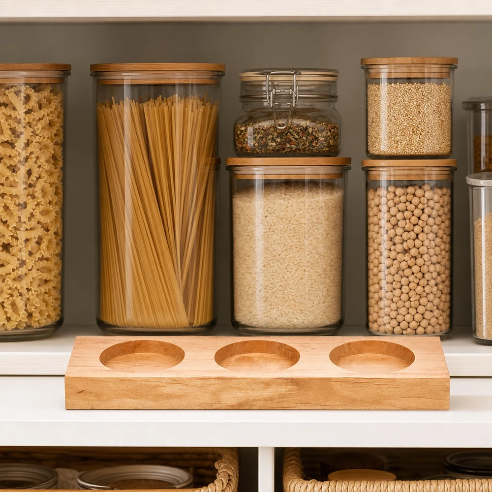 Tavola di servizio Plano3 per vasetti WECK in una cucina organizzata con pasta e legumi in vasetti di stoccaggio