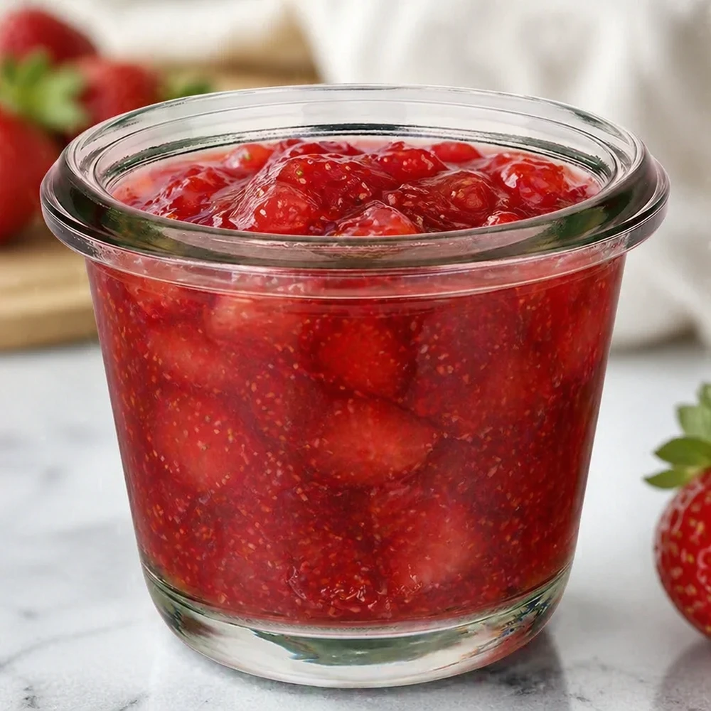 Vaso WECK Gourmet RR60 80ml riempito di marmellata di fragole rosse tra fragole fresche su un piano di lavoro in marmo