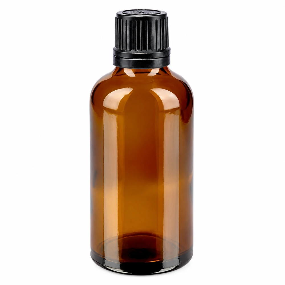 Bottiglia 50ml bre. (Glo.) Bottiglia GR OV nero/8mm ApoGlas Flacone in vetro ambrato da 50 ml con tappo OV nero, vetro da farmacia da 8 mm per oli essenziali