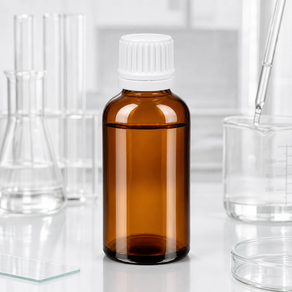 Flacone contagocce da 50 ml 0,7 mm bianco OV BrownLine UT18/50 Flacone in vetro protetto dalla luce 50ml marrone con contagocce da 0,7 mm per sostanze sensibili ed estratti