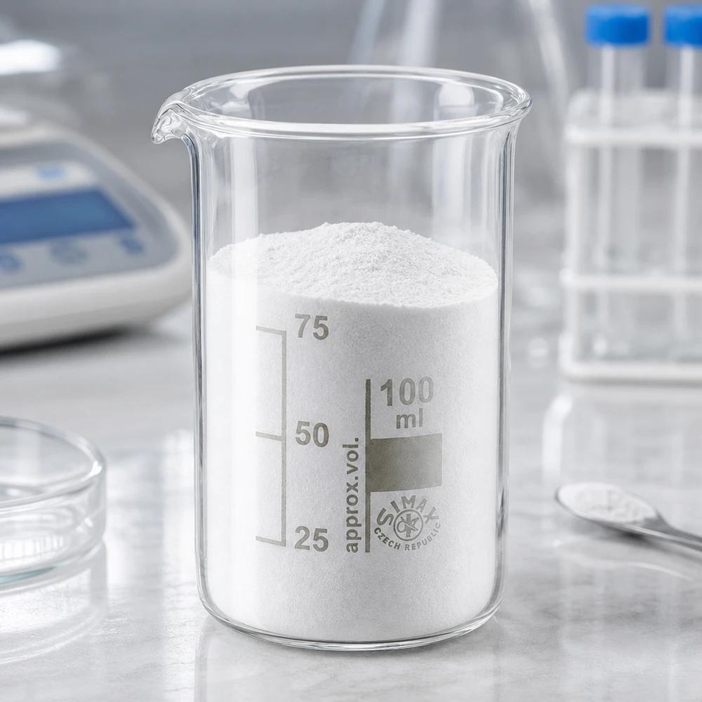 Polvere bianca in un becher da 100 ml di forma alta, in vetro borosilicato, sul tavolo da laboratorio