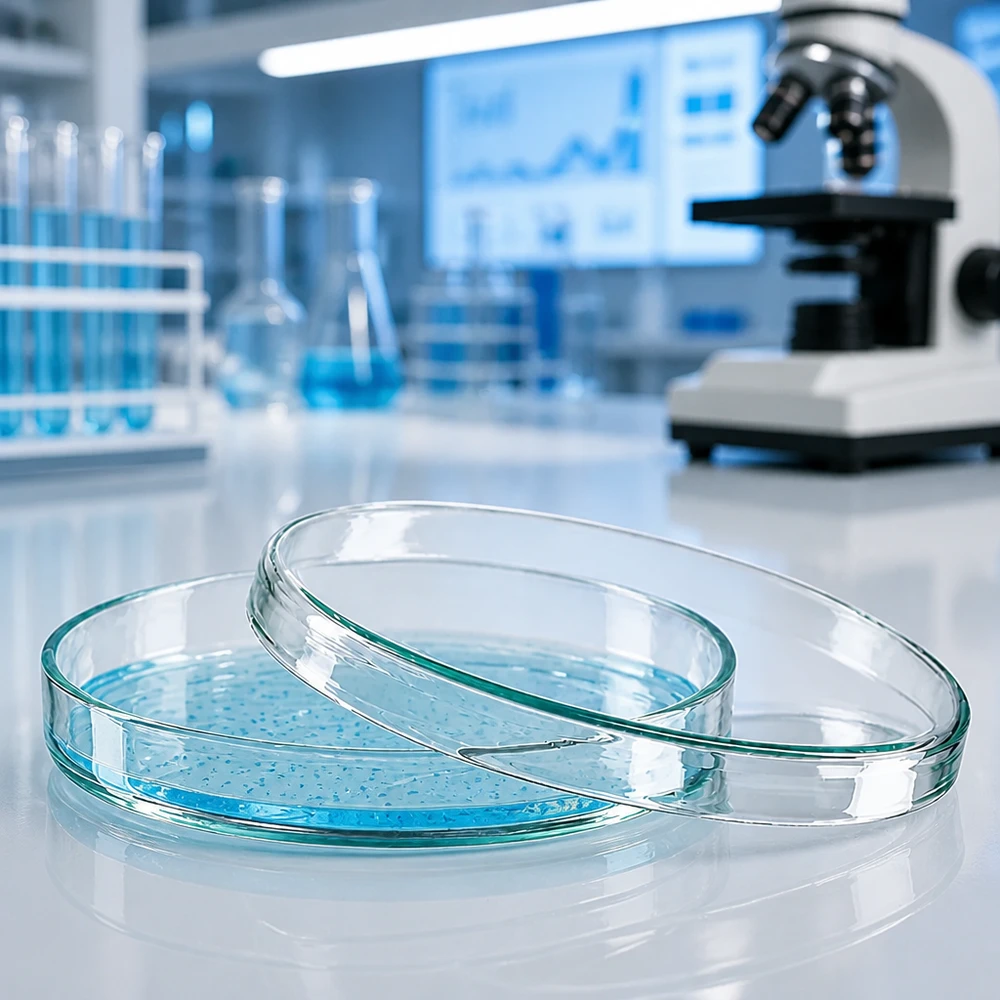Piastra di Petri 100x15mm in vetro Due piastre di Petri in vetro da 100x15 mm con terreno di coltura blu in un moderno laboratorio di ricerca