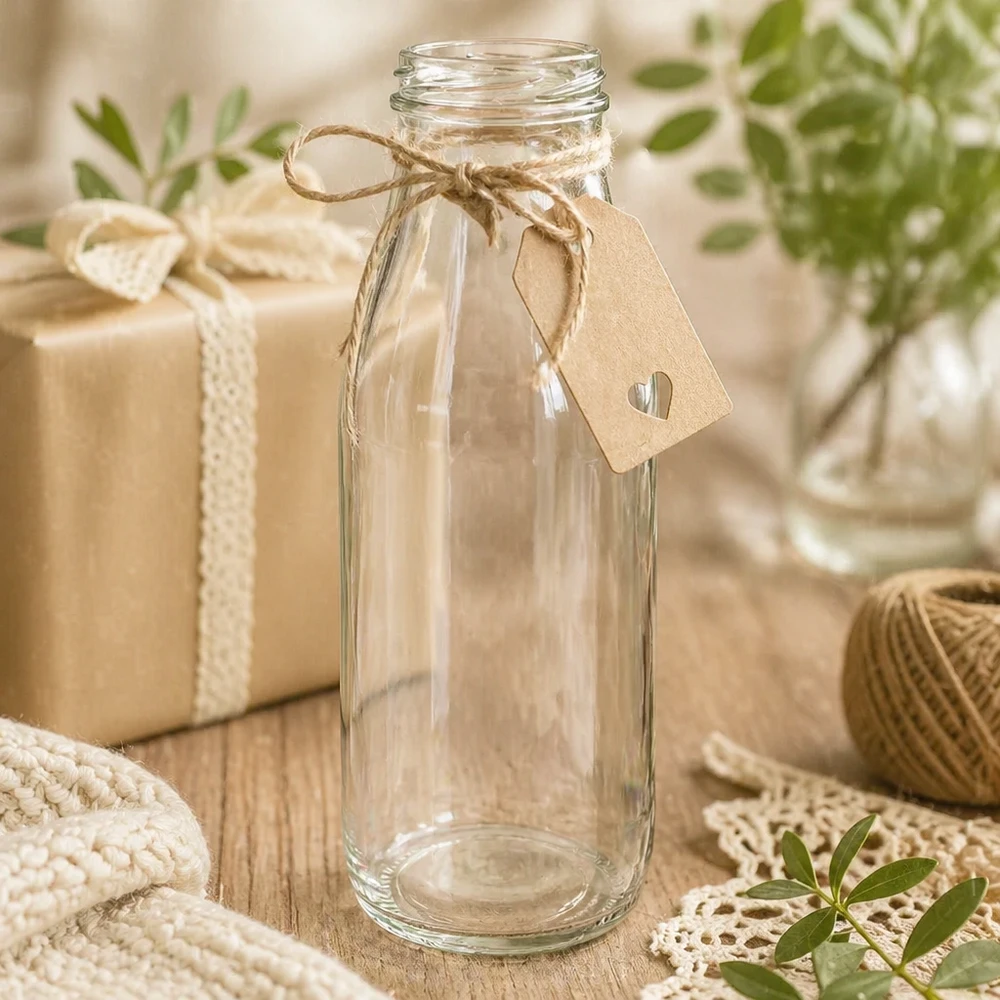 Bottiglia di vetro da 500 ml senza coperchio (TO48) UNiTWIST Bottiglia in vetro da 500 ml TO48 UNiTWIST vuota con etichetta in carta kraft e cordino di iuta decorata come confezione regalo