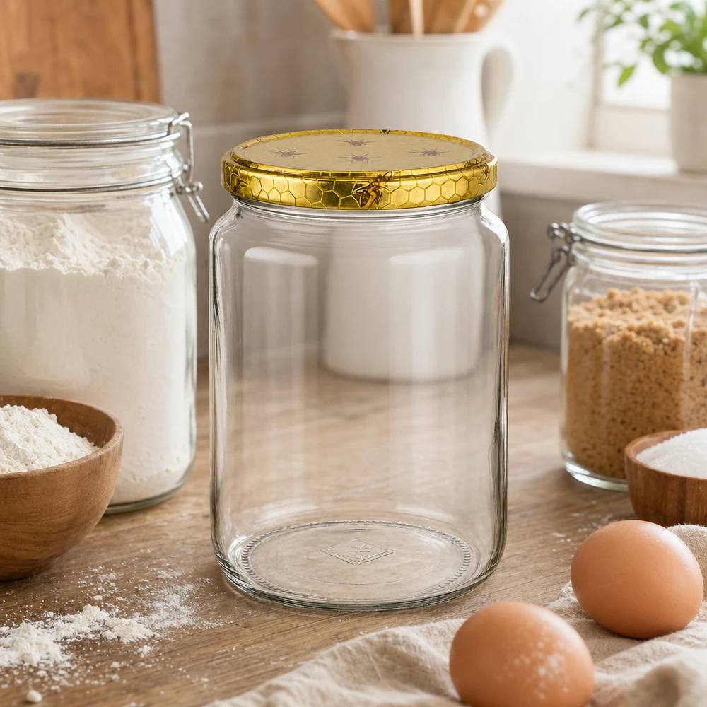 Vasetto per miele da 1000 g con capsula con motivo a favo BasicSeal UNiTWIST Vasetto di miele da 1000 g con coperchio a nido d'ape accanto a farina, uova e ingredienti da forno su un piano di lavoro in legno Scena di cucina Apicoltura