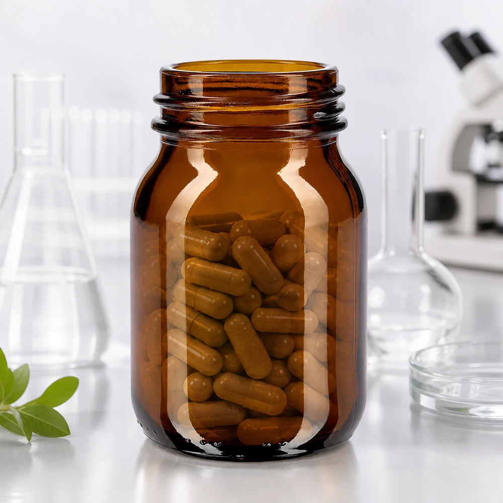 Bottiglia a collo largo da 75 ml in vetro ambrato con finitura del collo DIN 40 Bottiglia da farmacia compatta in vetro ambrato da 75 ml con ampia apertura per i farmaci
