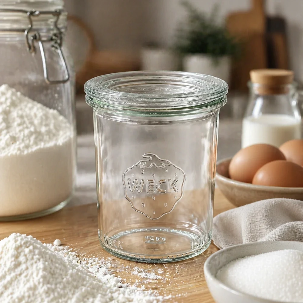 Vaso di vetro da 160 ml con coperchio in vetro WECK RR60 WECK 160ml RR60 barattolo da cucina rustico vuoto con farina, uova e latte per la conservazione e lo stoccaggio