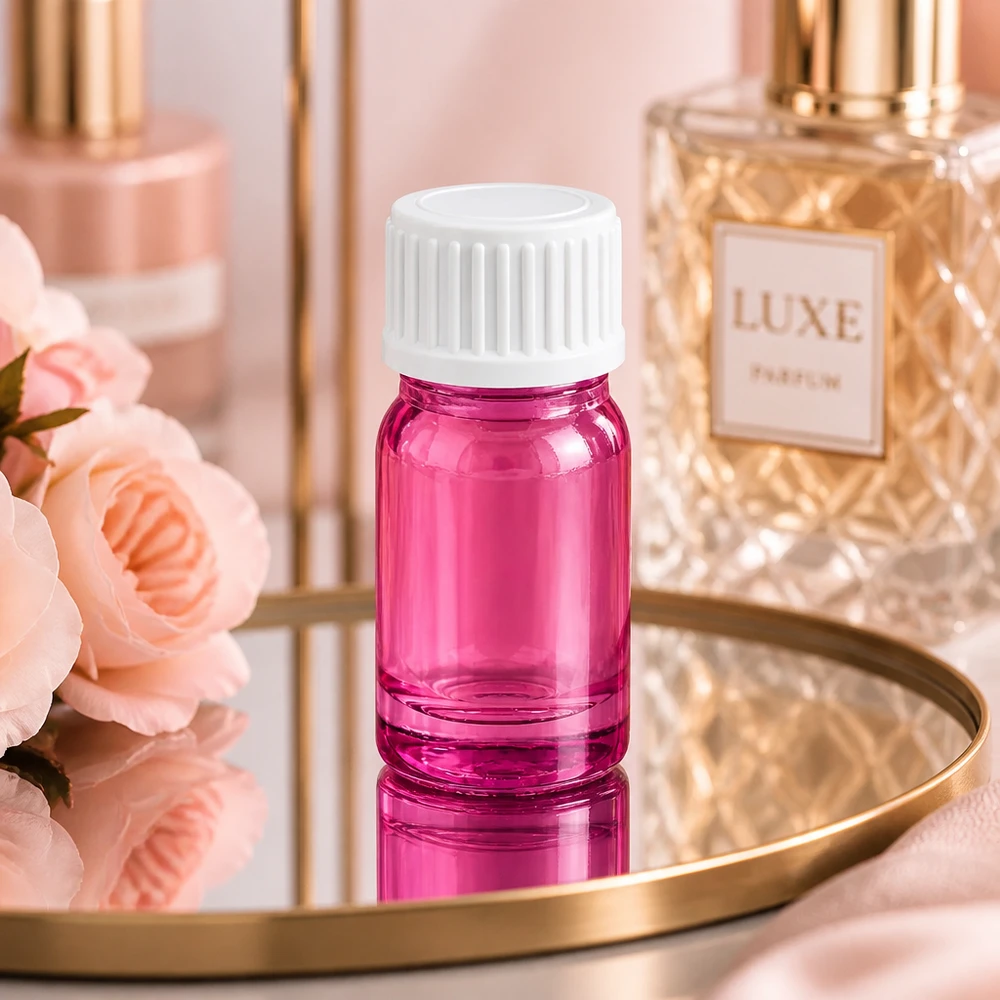 Flacone da 5 ml (globuli) con anello di versamento bianco standard PurpleLine UT18/5 Flacone da 5 ml in vetro robusto di colore rosa con tappo a vite bianco per porzioni di campione