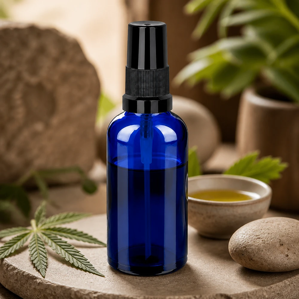 Flacone spray da 50 ml nero STD BlueLine UT18/50 Flacone in vetro premium da 50 ml con funzione spray, di colore blu brillante, per miscele di aromi.