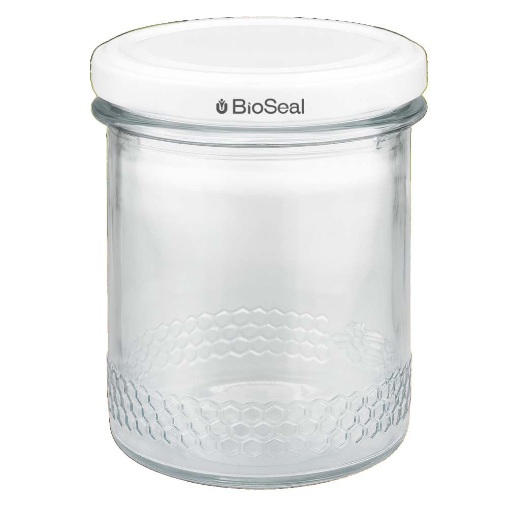 Vasetto per miele da 560 g con capsula bianca BioSeal UNiTWIST