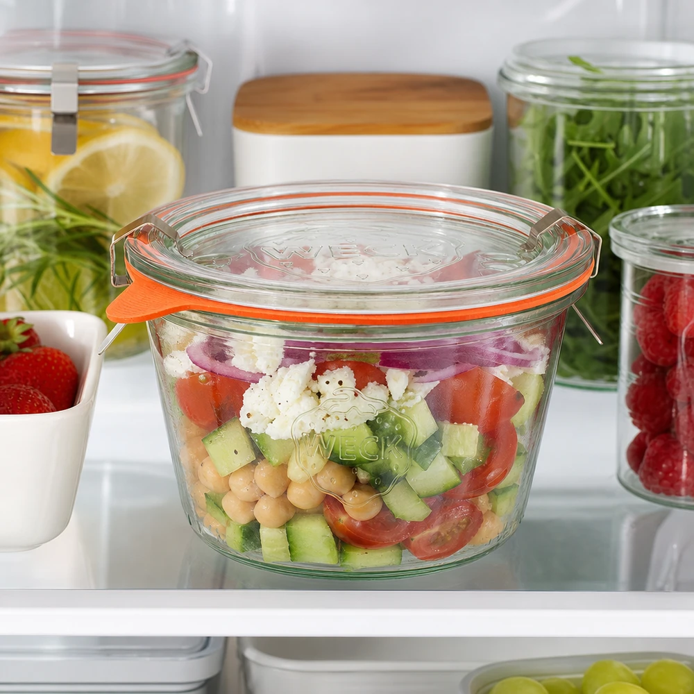 I tumbler RR100 da 370 ml di WECK, riempiti di insalata fresca nel frigorifero, mostrano la conservazione ideale della preparazione dei pasti.