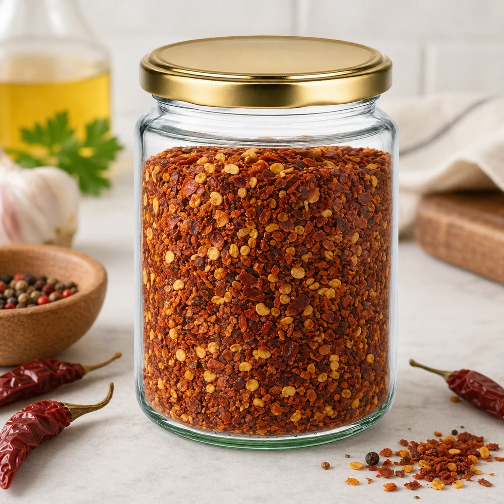 Vasetto per miele da 450 g con capsula dorata BasicSeal UNiTWIST Il barattolo da 450 g per il miele riempito di fiocchi di peperoncino mostra l'uso versatile del barattolo BasicSeal per le spezie e la conservazione in cucina