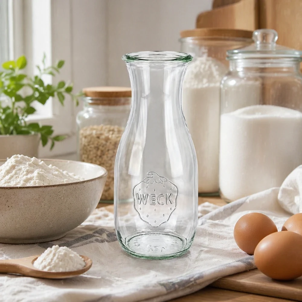 Bottiglia per succhi da 530 ml WECK RR60 WECK Saftflasche 530ml RR60 leer in natürlicher Küchenszene mit Eiern Mehl und Vorratsgläsern für Backen kochen