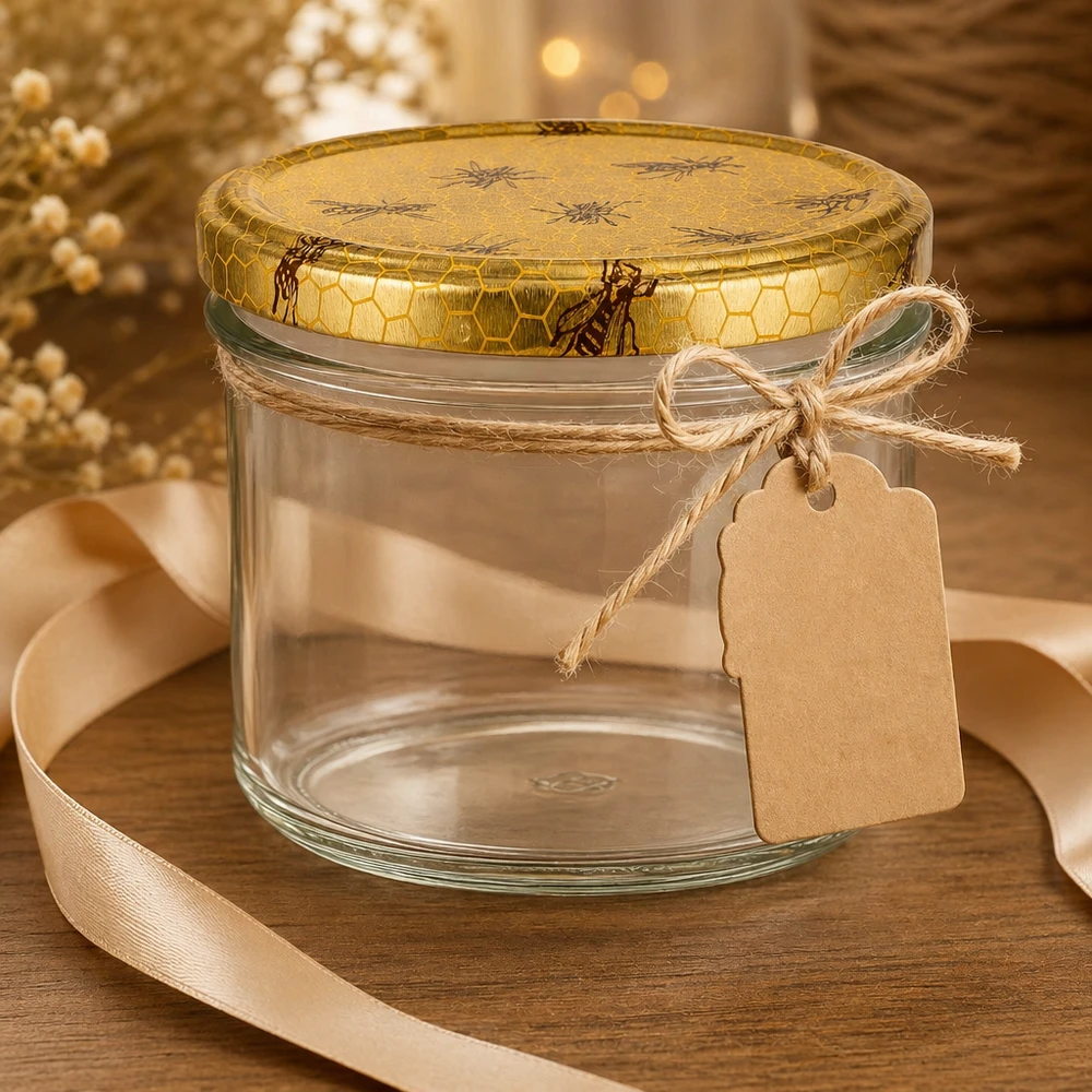 Vasetto per miele da 250 g con capsula con motivo a favo BasicSeal UNiTWIST vasetto di miele da 250 g vuoto con coperchio a nido d'ape etichetta regalo spago di iuta e decorazione con nastro