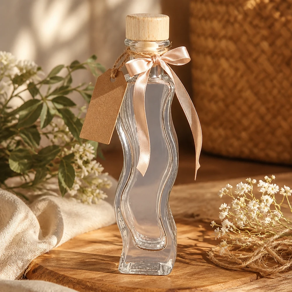 Bottiglia di vetro Melissa da 100 ml in regalo decorata con fiocco rosa etichetta in carta kraft tappo di legno decorazione naturale