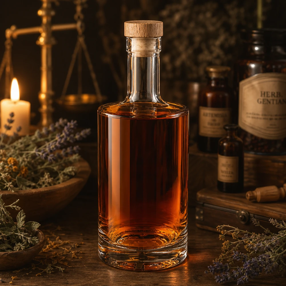 Bottiglia in vetro da 500 ml Nora con tappo in sughero con impugnatura in legno UNiTWIST® Bottiglia in vetro da 500 ml Nora con liquore alle erbe tappo in legno color ambra UNiTWIST candela ambiente speziale alla lavanda