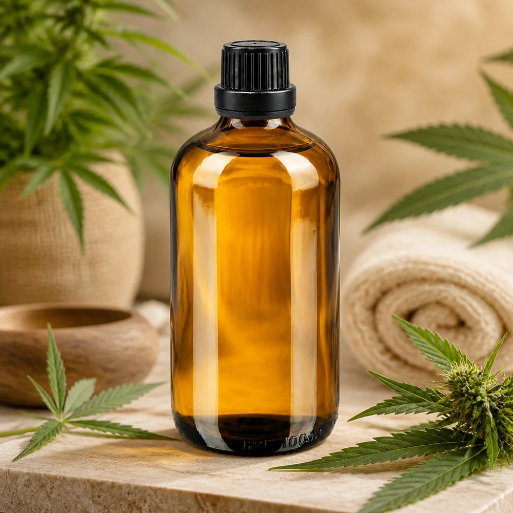 Flacone contagocce da 100 ml in vetro ambrato con tappo OV nero, tra foglie di cannabis su uno sfondo di pietra