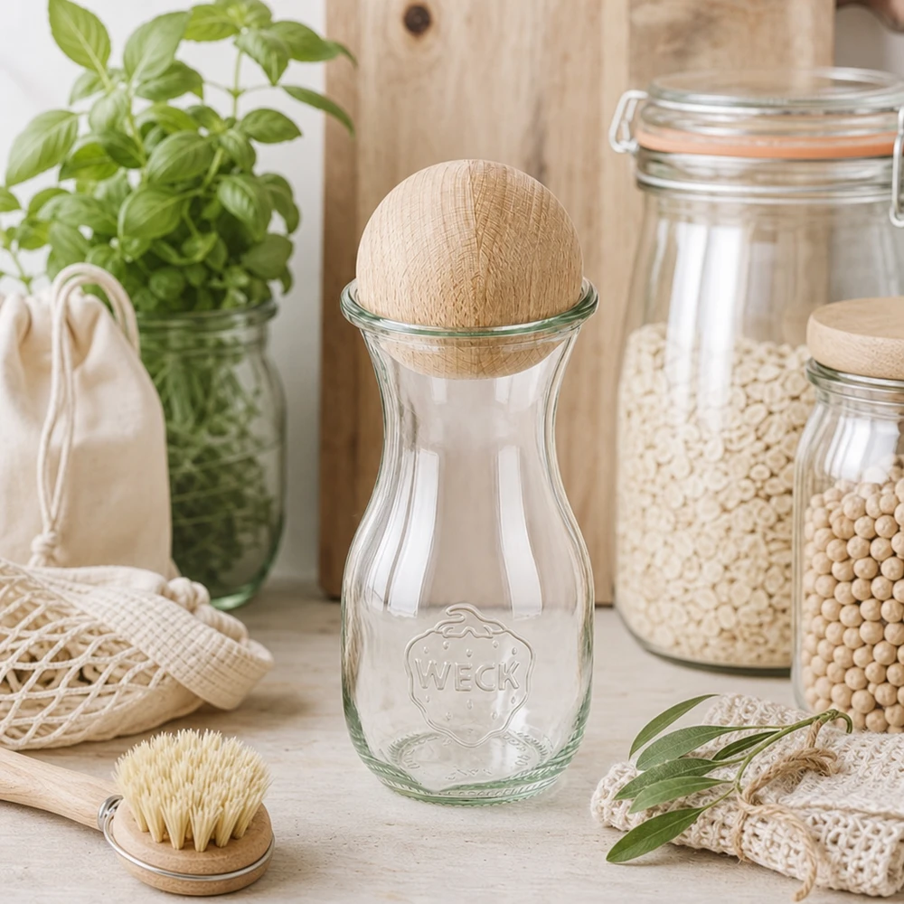 Bottiglia per succhi di frutta WECK 290ml RR60 con sfera in legno in cucina sostenibile a spreco zero tra vasi di stoccaggio e materiali naturali