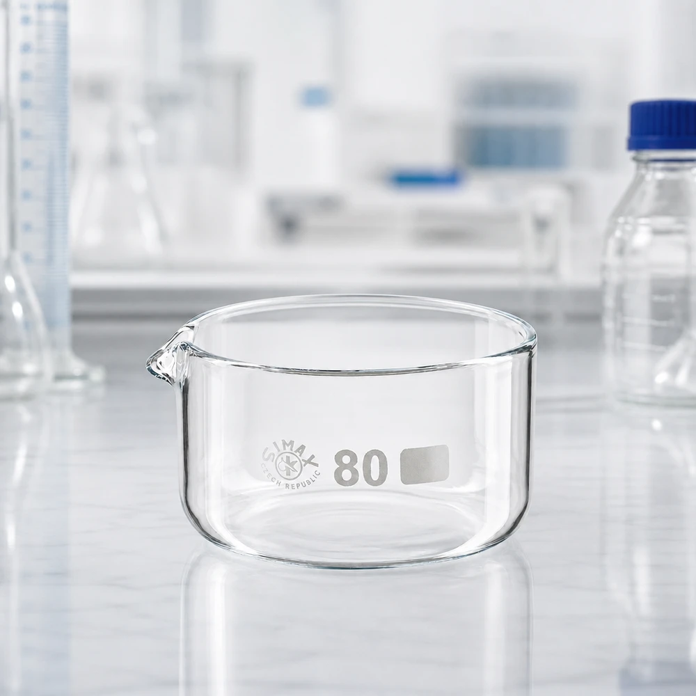 Piatto per cristallizzazione da 150ml con beccuccio Bo.. ø80mm Vaschetta di cristallizzazione vuota da 150 ml con beccuccio, per uso professionale in laboratorio, ø 80 mm, SIMAX