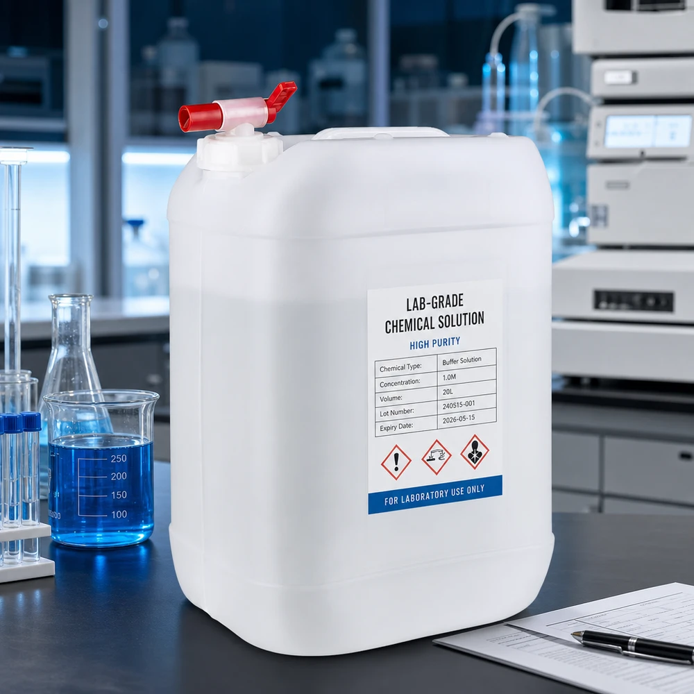 Tanica da 25 litri con rubinetto di scarico Contenitore da laboratorio da 25 litri con etichetta per sostanze chimiche e rubinetto di scarico rosso per soluzione tampone