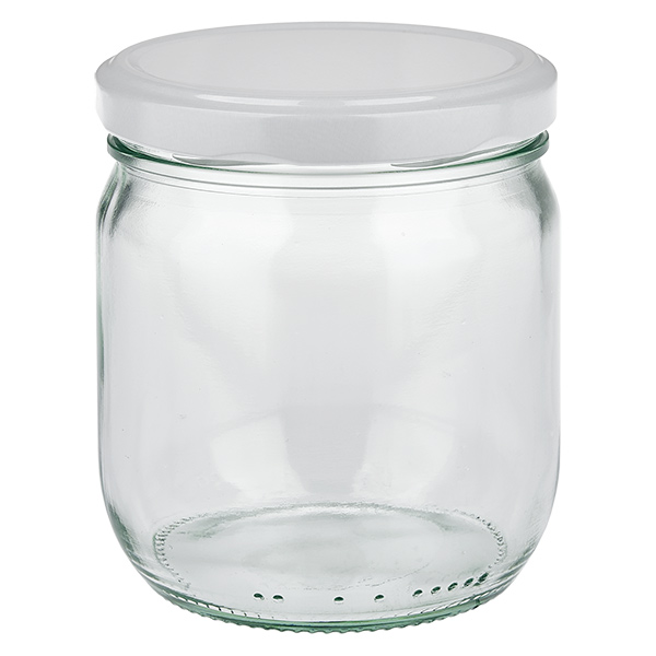 Barattolo di vetro rotondo da 425 ml con coperchio BasicSeal bianco UN..