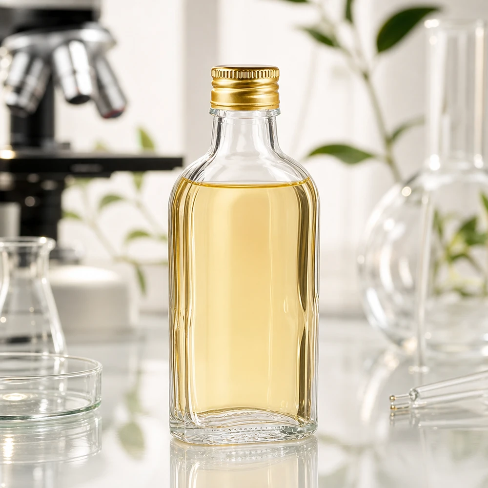 Flacone trasparente Meplat da 100 ml con tappo a vite dorato PP22 in un laboratorio scientifico