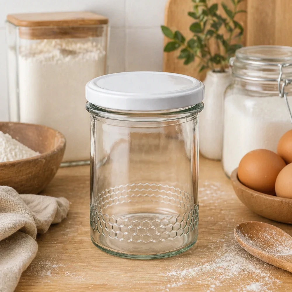 Vasetto per miele da 560 g con capsula bianca BasicSeal UNiTWIST Vasetto di miele da 400 ml con motivo a nido d'ape in cucina accanto a uova farina e vasetti di stoccaggio attrezzature da cucina naturali BasicSeal