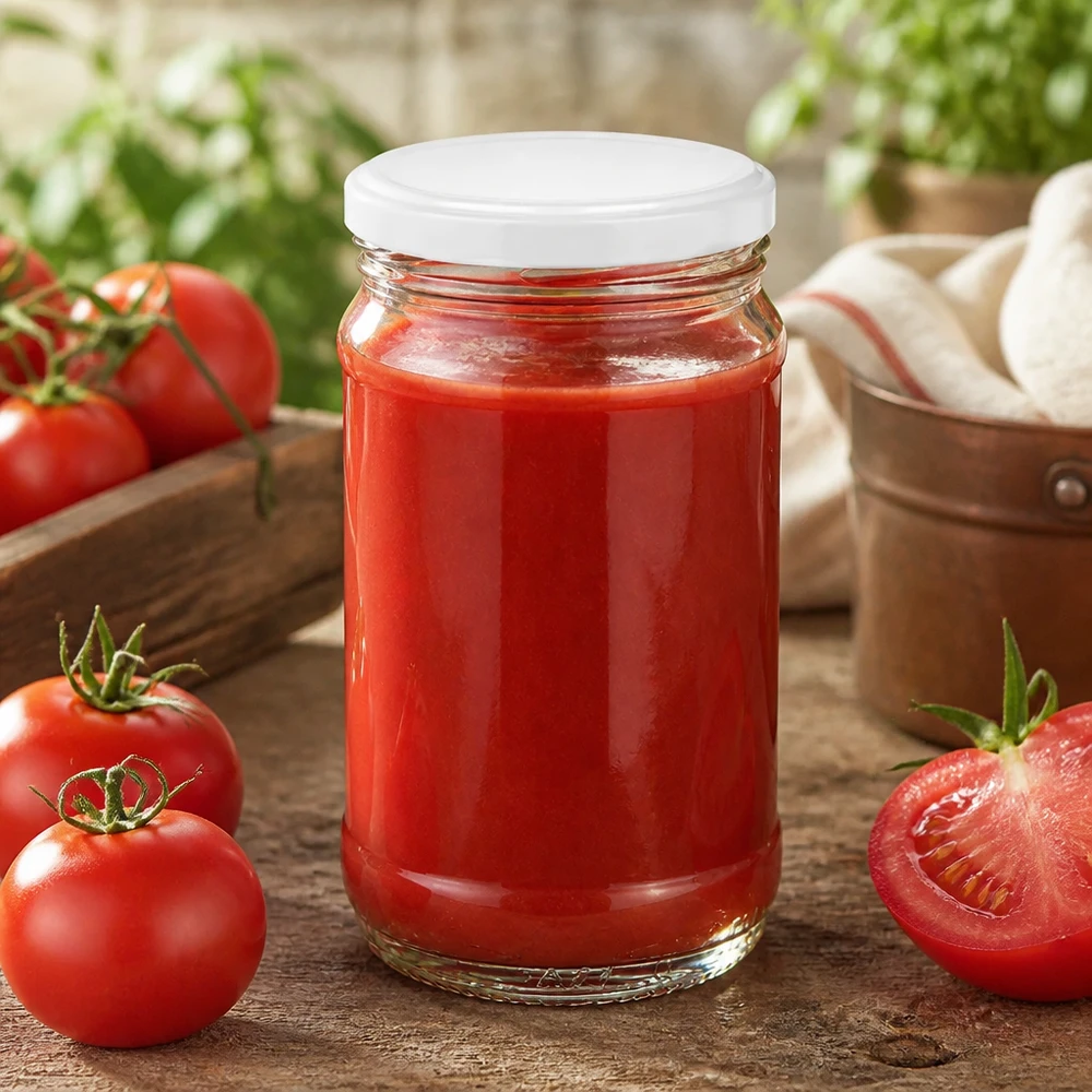 Vaso rotondo in vetro da 370 ml UNiTWIST, adatto al contatto con gli alimenti, con coperchio bianco BasicSeal per salse fatte in casa