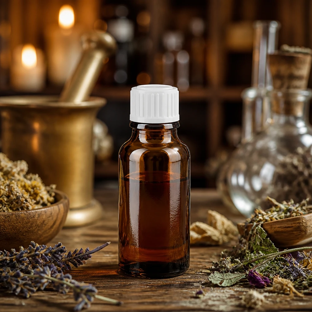 Flaconi da farmacia da 20 ml in vetro marrone con protezione UV e tappo standard bianco su un tavolino di legno