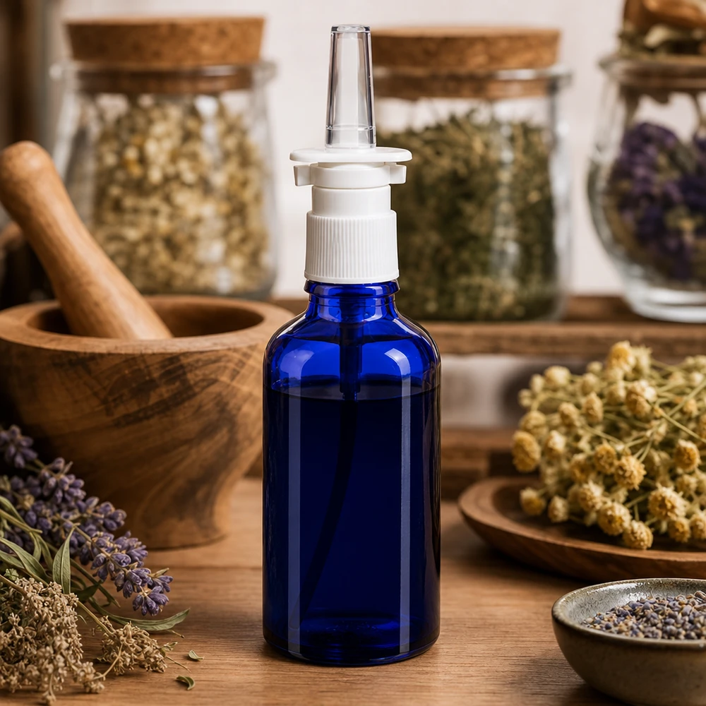 Flacone spray nasale 50ml blu bianco/rosso STD ApoGlas Flacone spray farmaceutico da 50 ml, blu, con erbe e accessori per la medicina naturale sullo sfondo