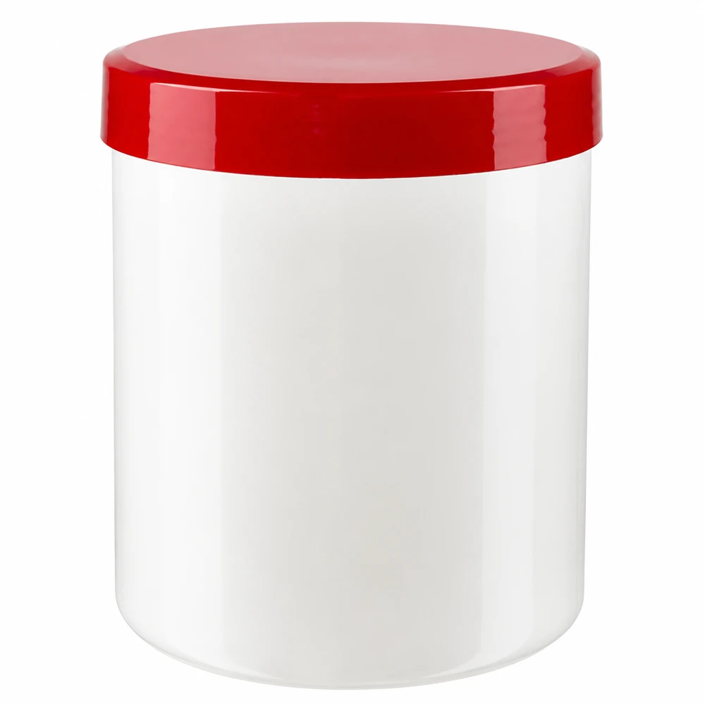 Vasetto per pomate richiudibile da 75 g in PP bianco con coperchio a vite rosso